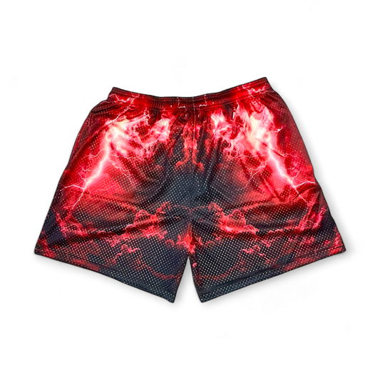 RED METALIC THUNDERSTORMS SHORTS