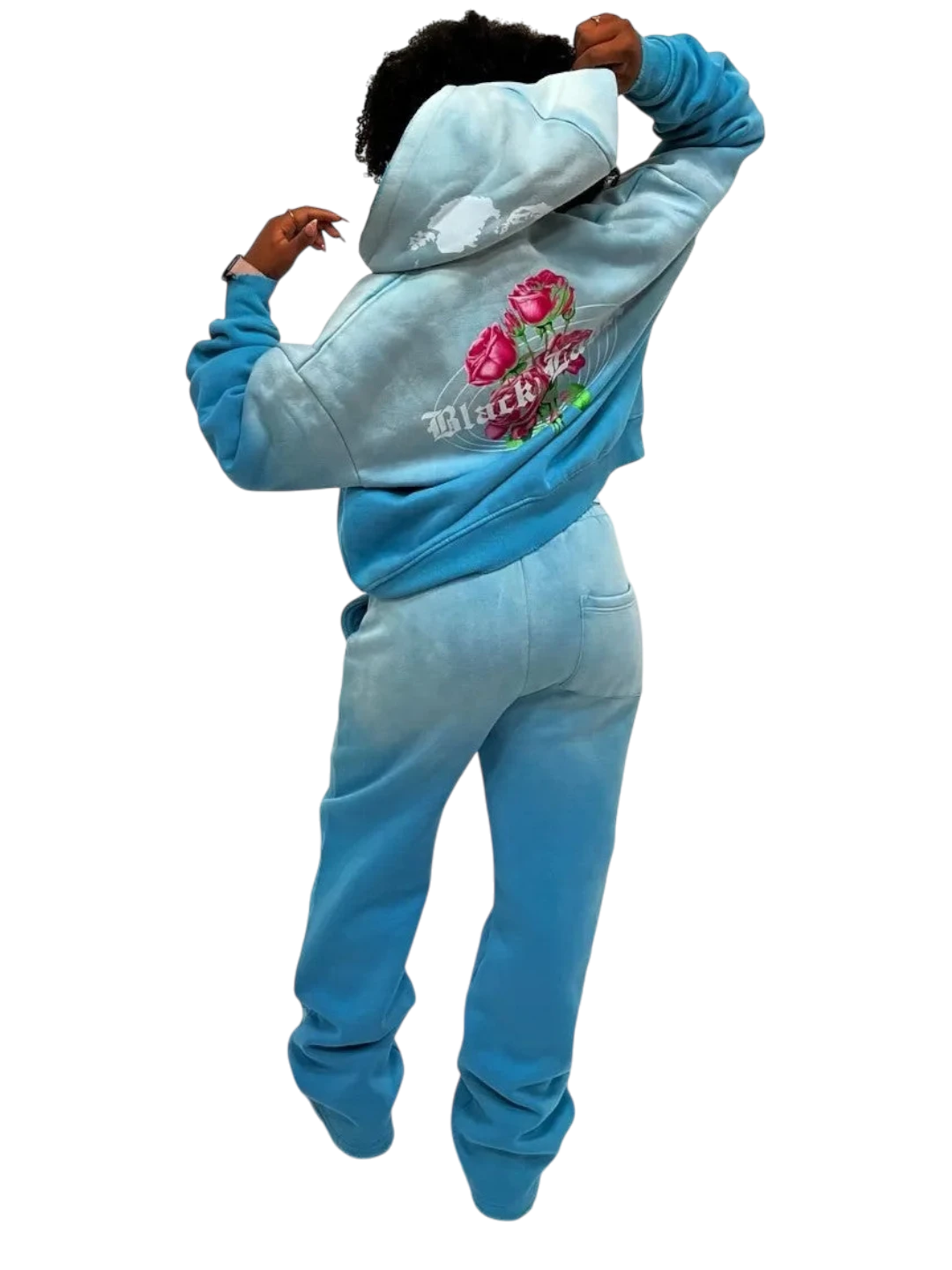 Black Label Clothing Brand blue tie-dye sweatpants with pink roses graphic on hoodie. Relaxed fit, ombre effect.