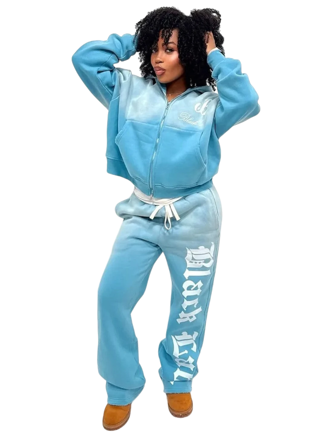 Black Label Clothing Brand blue tie-dye zip-up hoodie and sweatpants set with distressed graphic and rose detail.